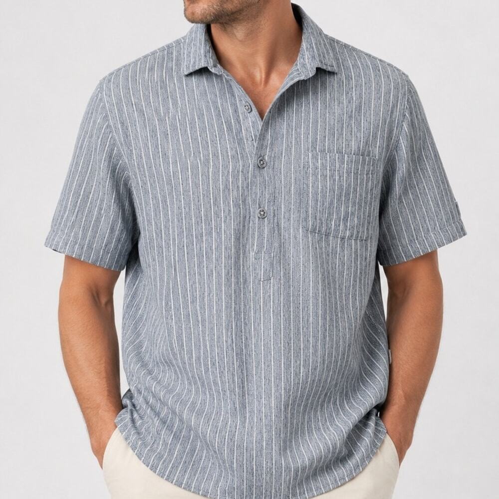 Publish Men's XL Blue White Striped 100% Cotton Short Sleeve Button Shirt Light